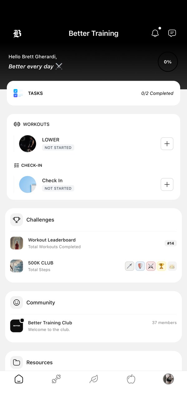 Better Training home dashboard
