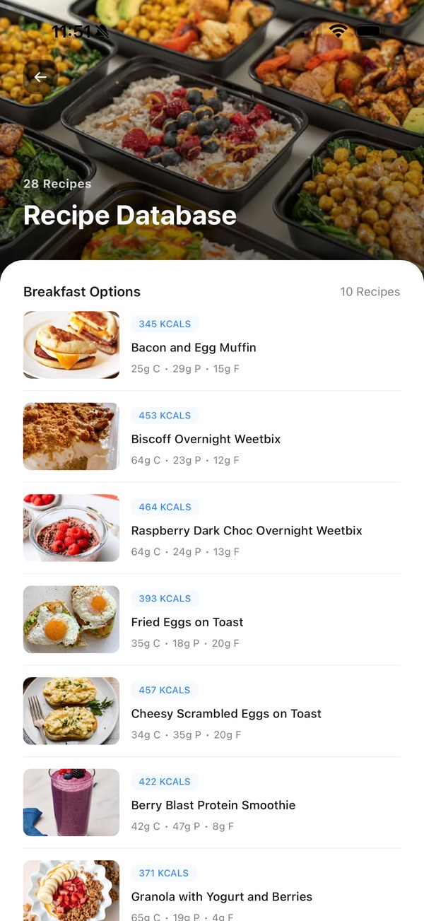 Recipe database with meals and macros
